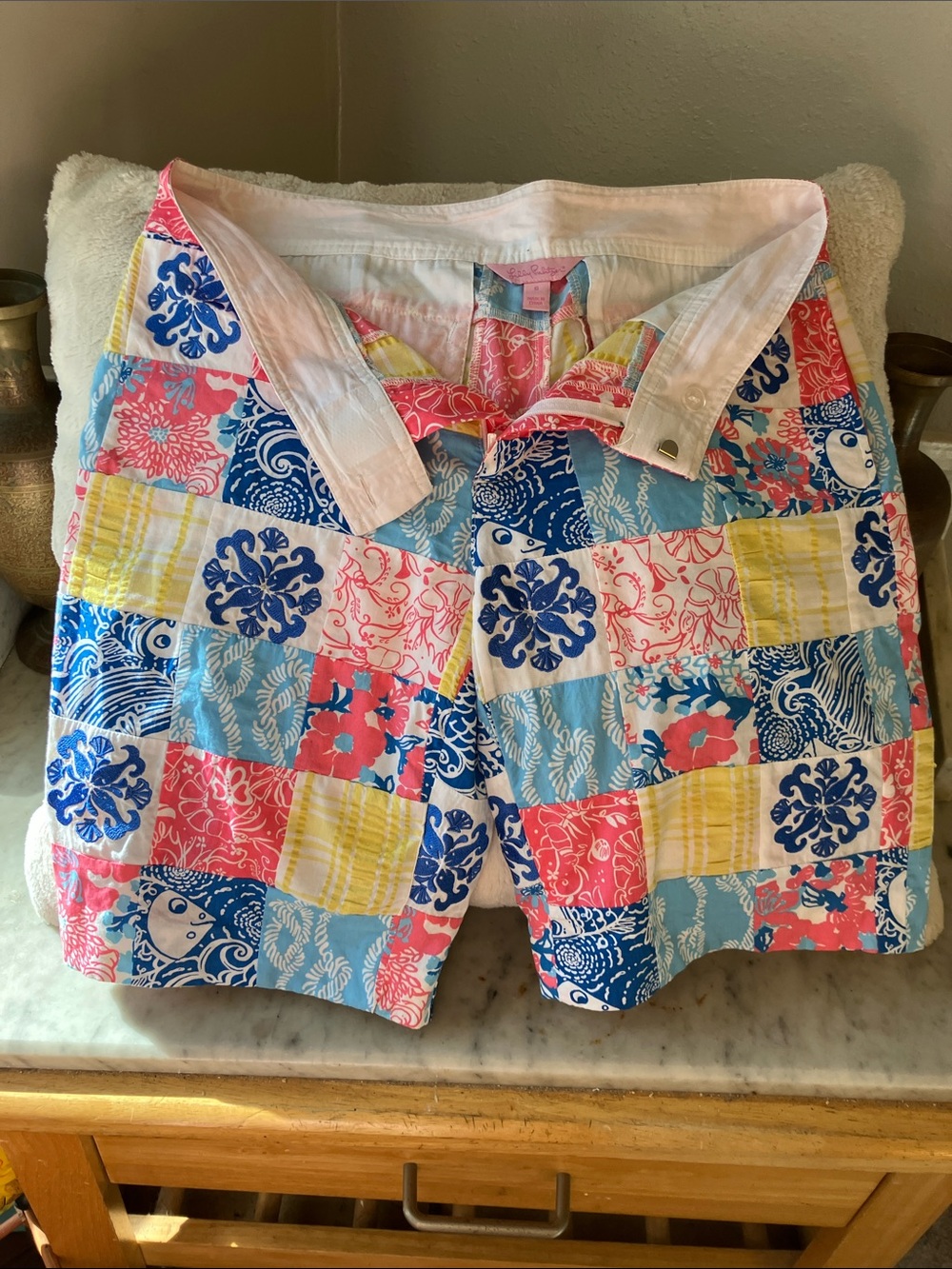 Lilly Pulitzer Patchwork Print Bermuda Shorts in Pink, Blue & Yellow Sz8!